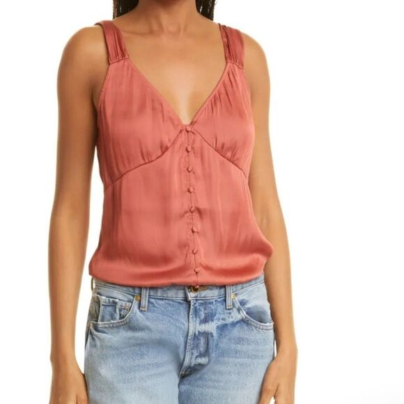 PAIGE Tops - NWOT Paige Kessley Muted Clay Satin V-Neck Button Front Thong Bodysuit Size Med